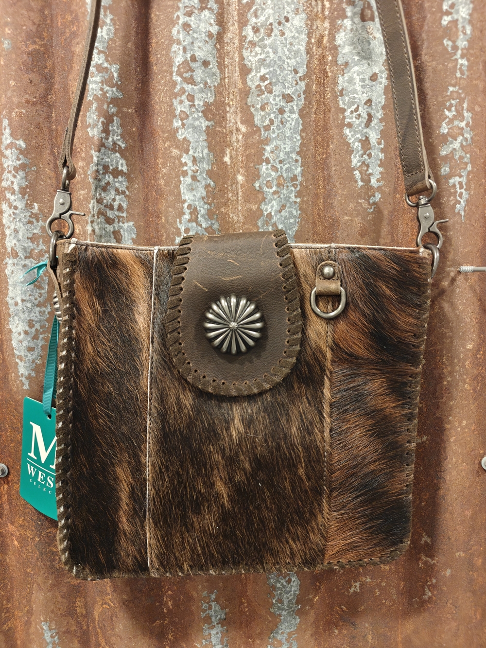 Cowhide Crossbody Bag with Concho Accent - Brown